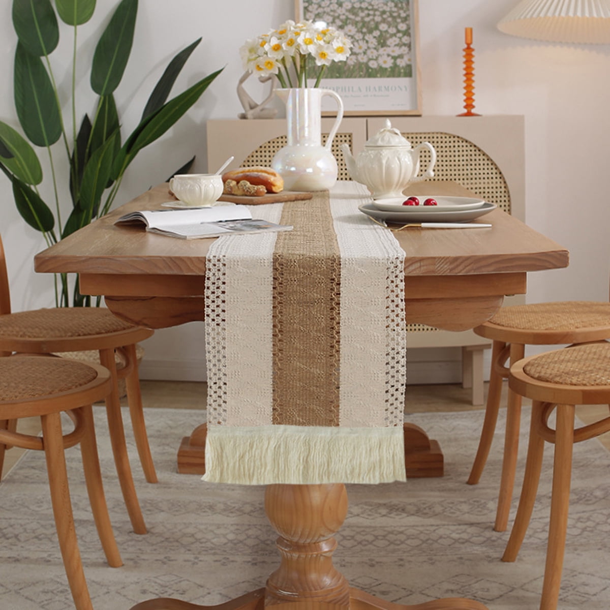 Boho Table Runner 72 Inches – Cotton Woven With Tassels, Beige Farmhouse Decor For Dining Table, Bedroom, Wedding