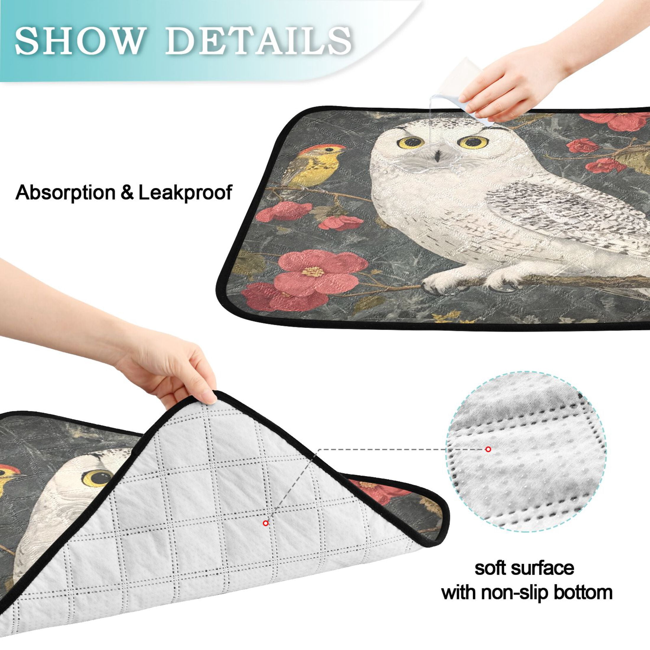 Qxltty Snowy Owl Cat litter Pads Pet Set of 3 Diaper Mats Center Anti-leakage Layer Absorbent Soft and Comfortable