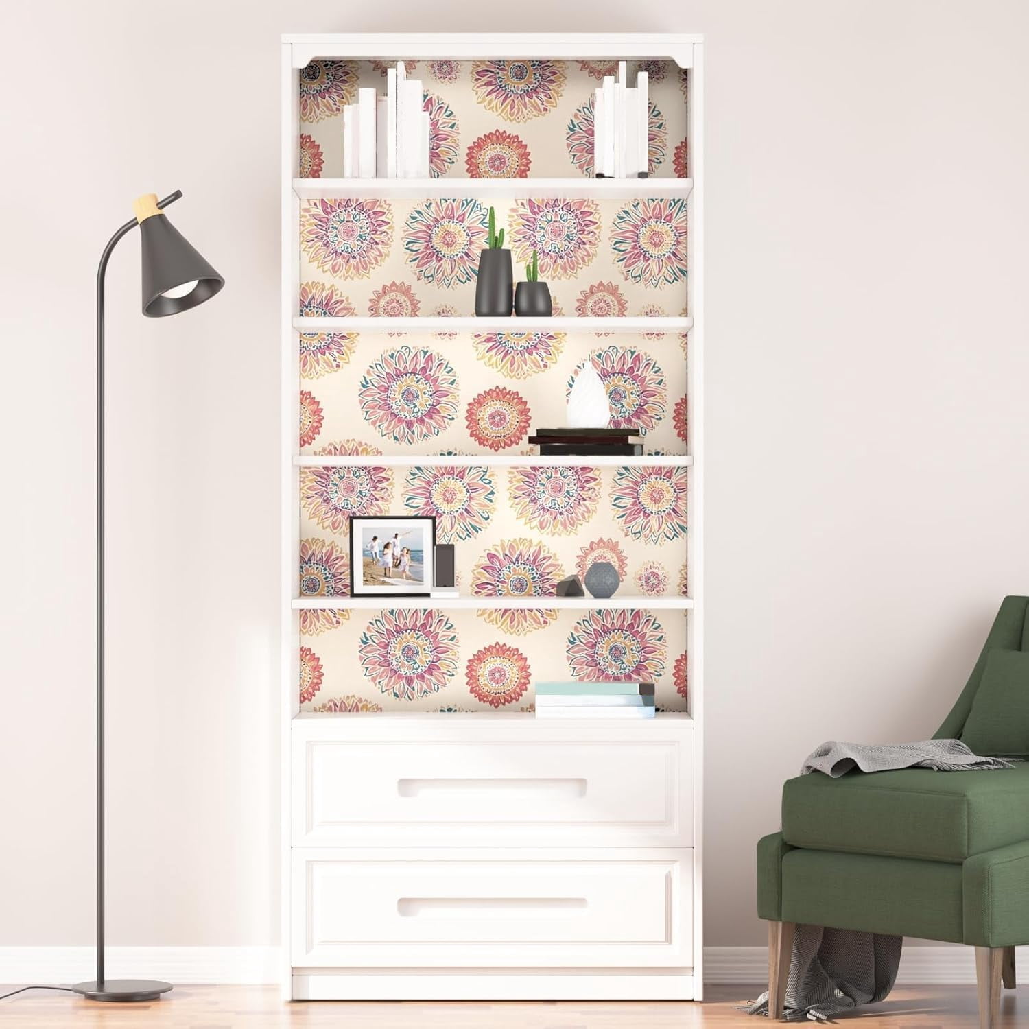 Boho Wallpaper Peel and Stick, Vintage Circle Floral Contact Paper, Abstact Beige/Blue/Pink Retro Flower Wall Paper Self Adhesive Removable Waterproof for Walls Shelves Cabinet Table 17.5" x 118"