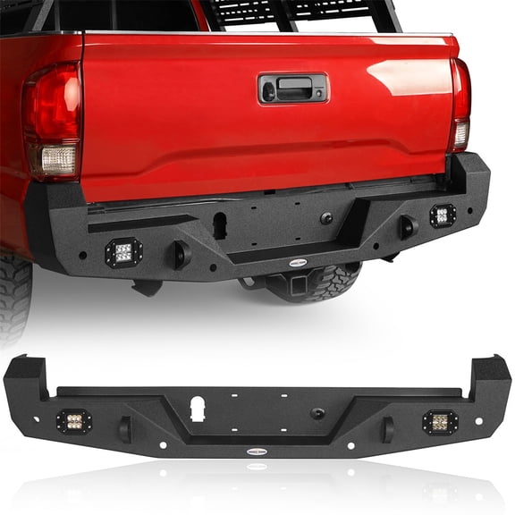 Hooke Road Rear Back Steel Bumper w/ D-Rings & LED Floodlights Fit Toyota Tacoma 2016-2023 , Black