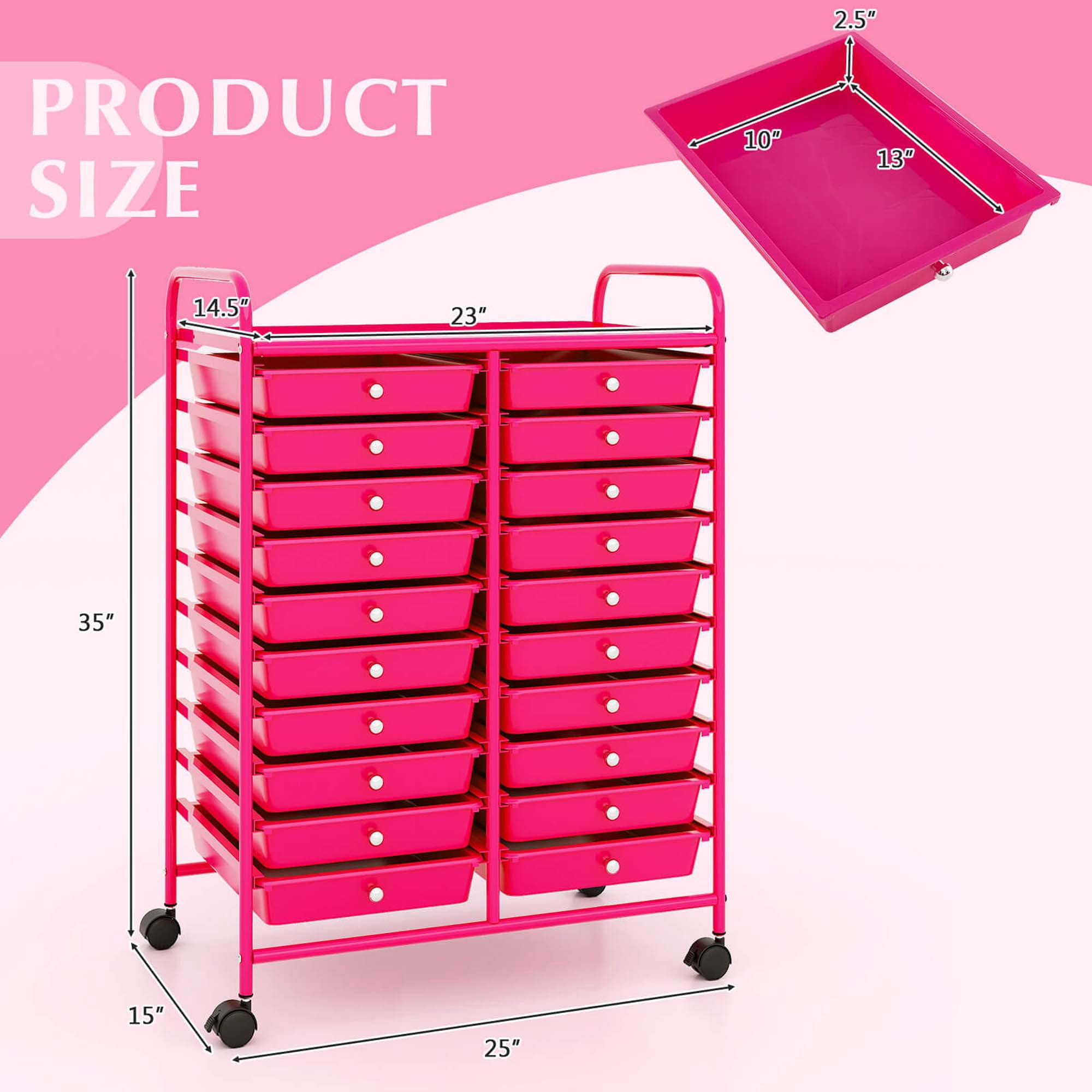 Costway 20 Drawers Rolling Storage Cart Art Craft Organizer on Wheels Multipurpose Hot Pink