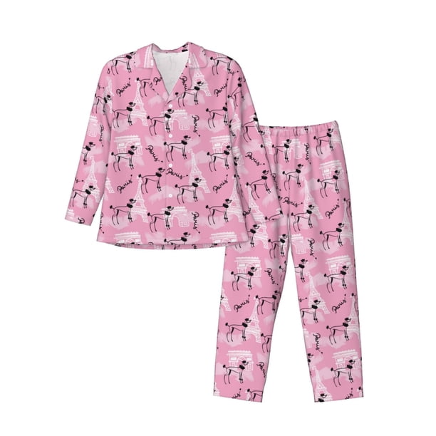 Fotbe Cartoon Poodle Dog Pijama de Hombre con Estampado de Manga Larga, Conjunto de 2 Piezas, Ropa de Dormir Suave y Cómoda con Bolsillos-Large