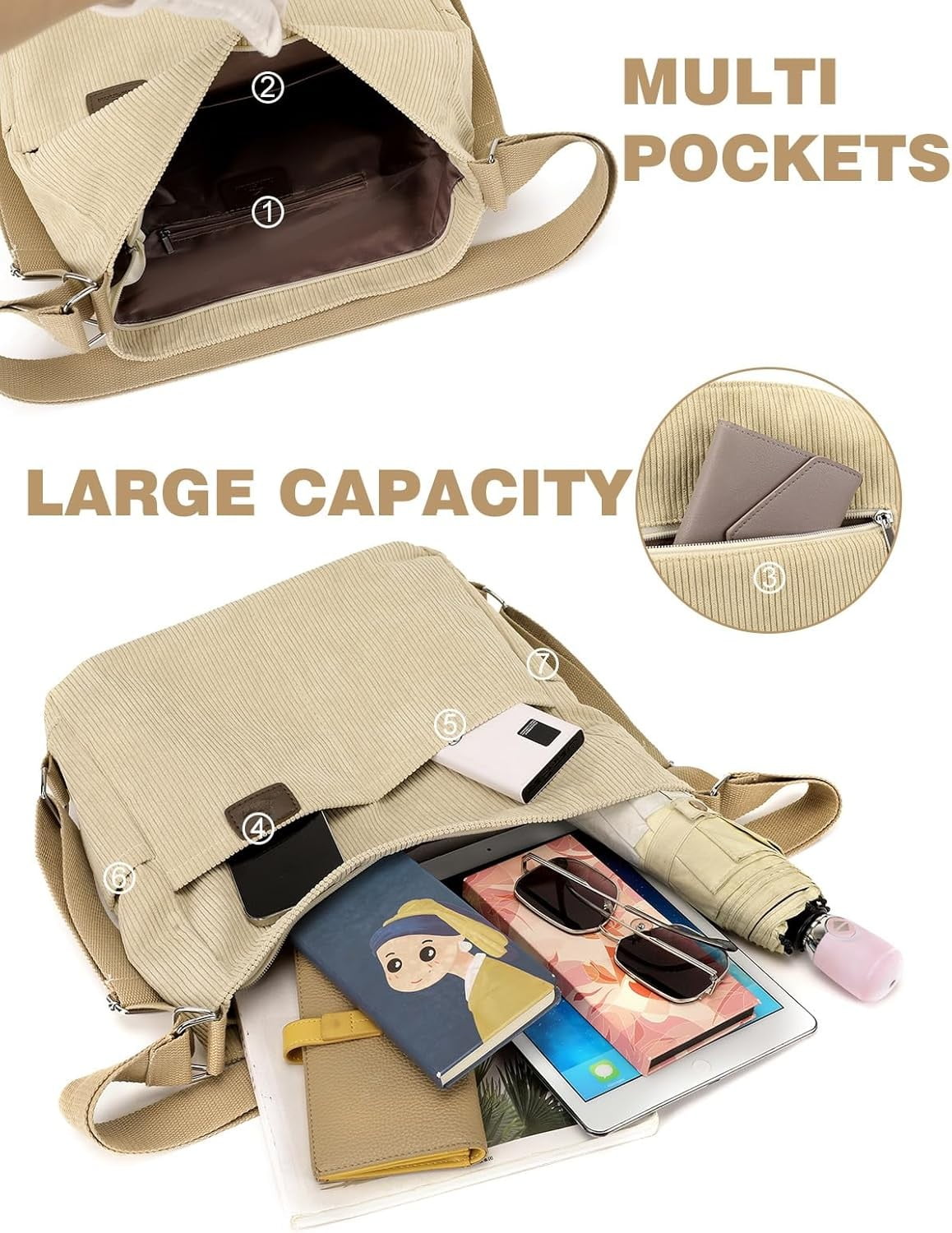 Kwuty Corduroy Tote Bag for Women Convertible Backpack Purse Crossbody Hobo Shoulder Bag with Multi Pockets Compartments