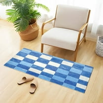 Blue Checkerboard Plush Carpet Non Slip Runner Rug Absorbent Bath Mat 39" x 20"