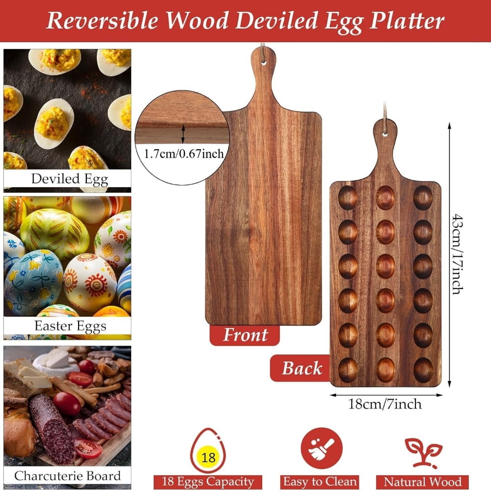 Wooden Deviled Egg Serving Tray, Reversible Acacia Egg Platter with 18 Slots, Charcuterie Board and Cheese Serving Board with Handle for Kitchen Gatherings Appetizers and Snack Display