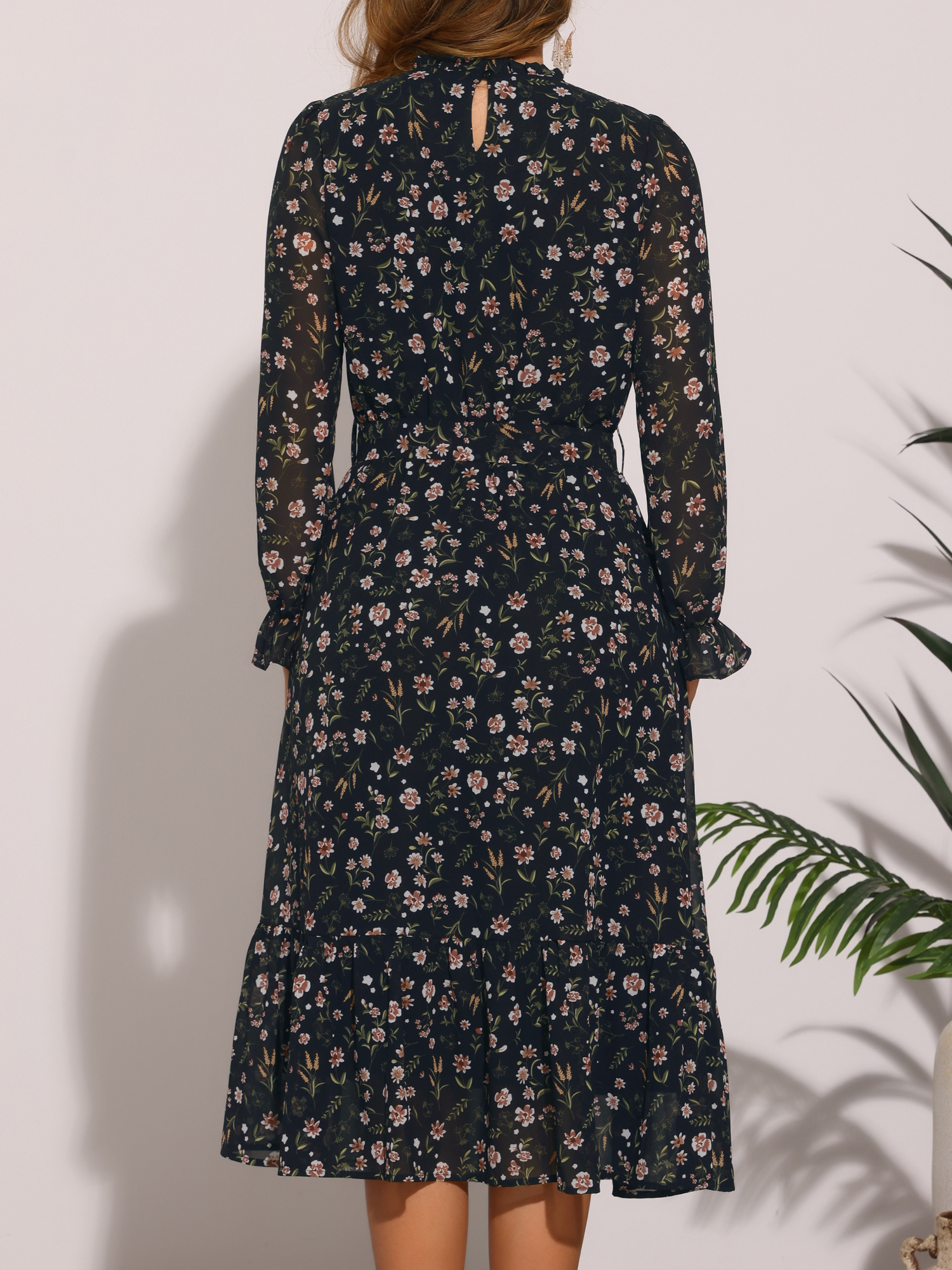 DARING DIVA Fall Floral Long Sleeve Chiffon Midi Dress XS Black