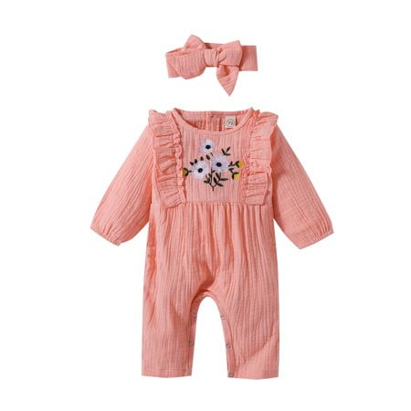 

HESHENG Newborn Baby Girls Clothes Ruffle Long Sleeve Rompers Embroidery Jumpsuits with Headband Outfits Pink 3-6 Months