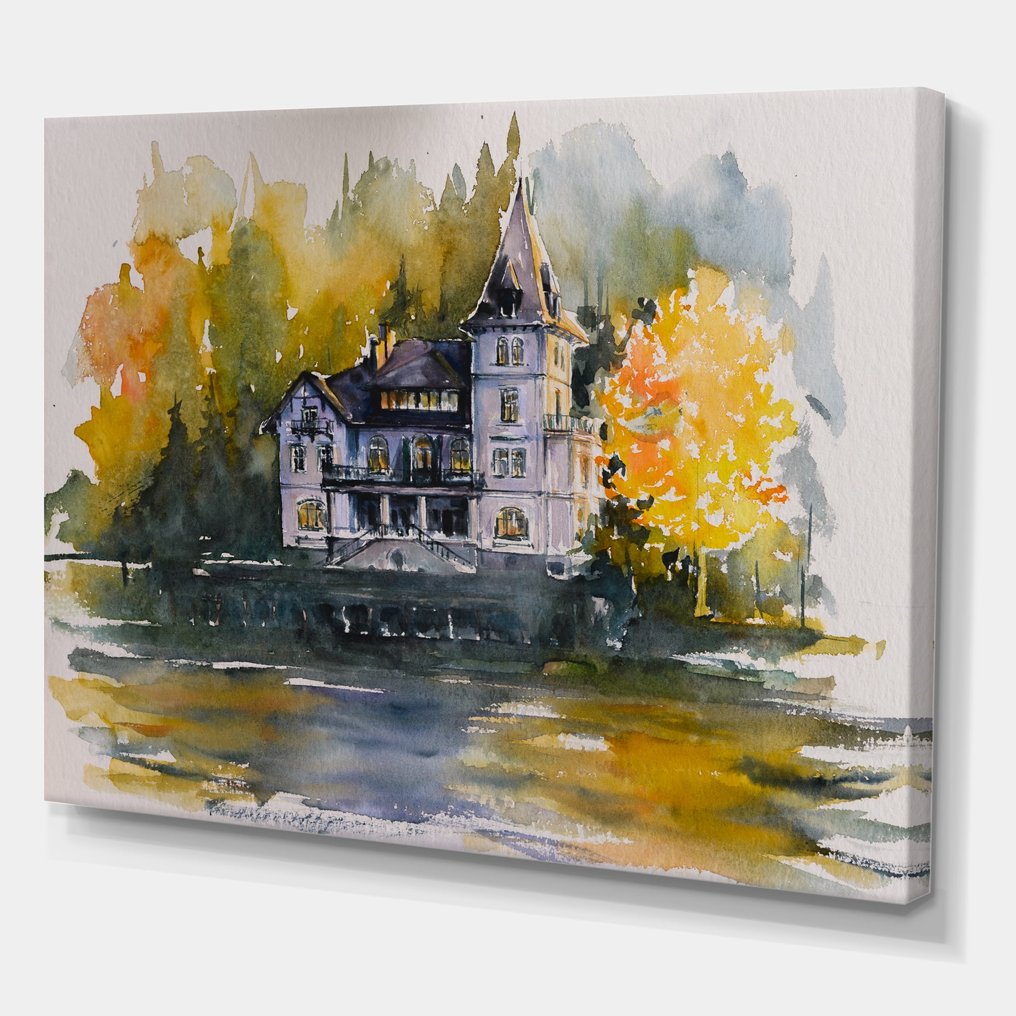 Designart ' Castle With Autumn Trees By The Lake ' Lake House Canvas Wall Art Print