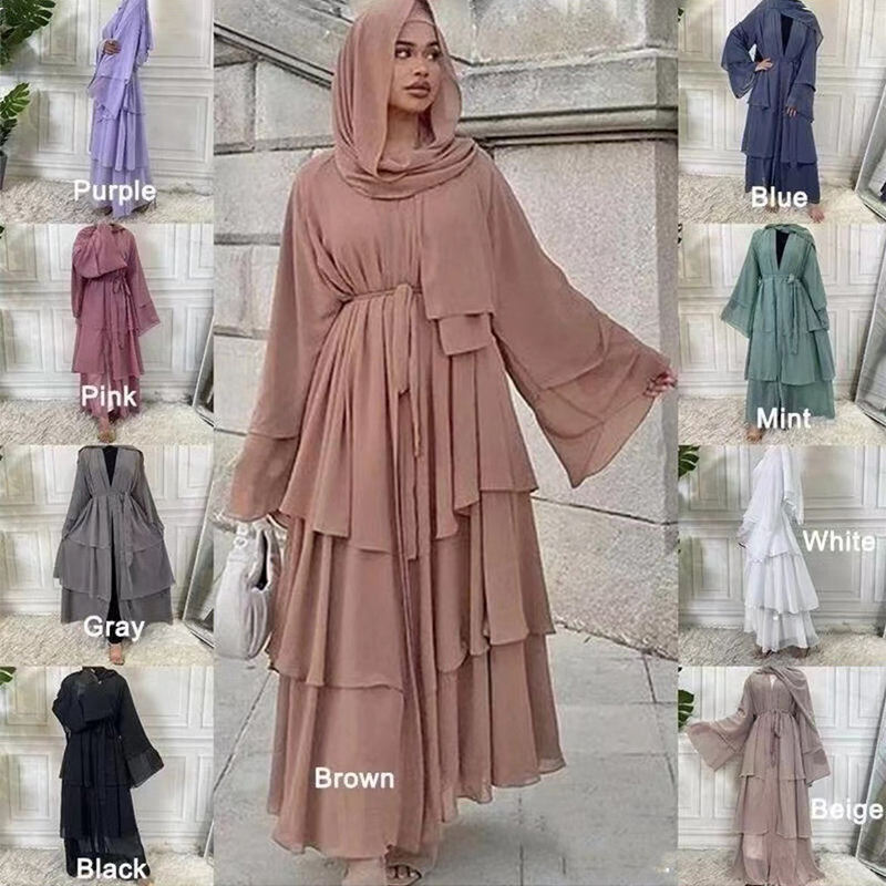 Women's Muslim Abaya Maxi Dress Set - Sleeveless Inner Dress + Long Cardigan With Belt (2-Piece)