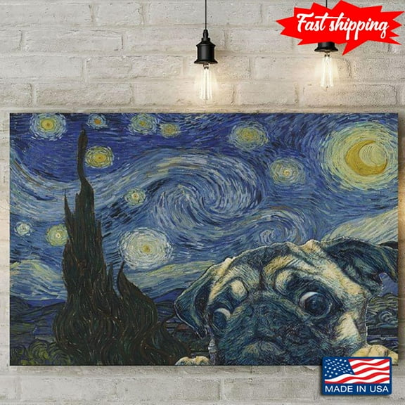 New Version Pug In The Starry Night Vincent Van Gogh 11 x 17 Inch Poster