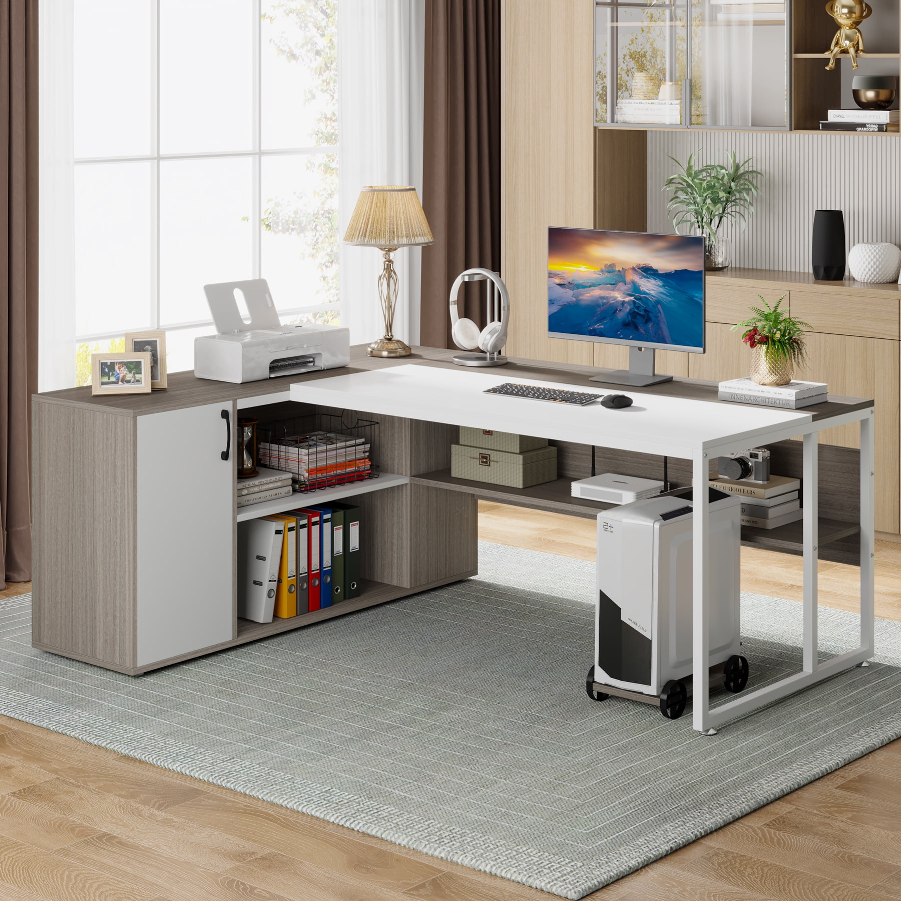 Tribesigns 71 inch L Shaped Executive Desk with Cabinet Storage, Rustic Brown Business Furniture Desk Workstation with Shelves for Home Office