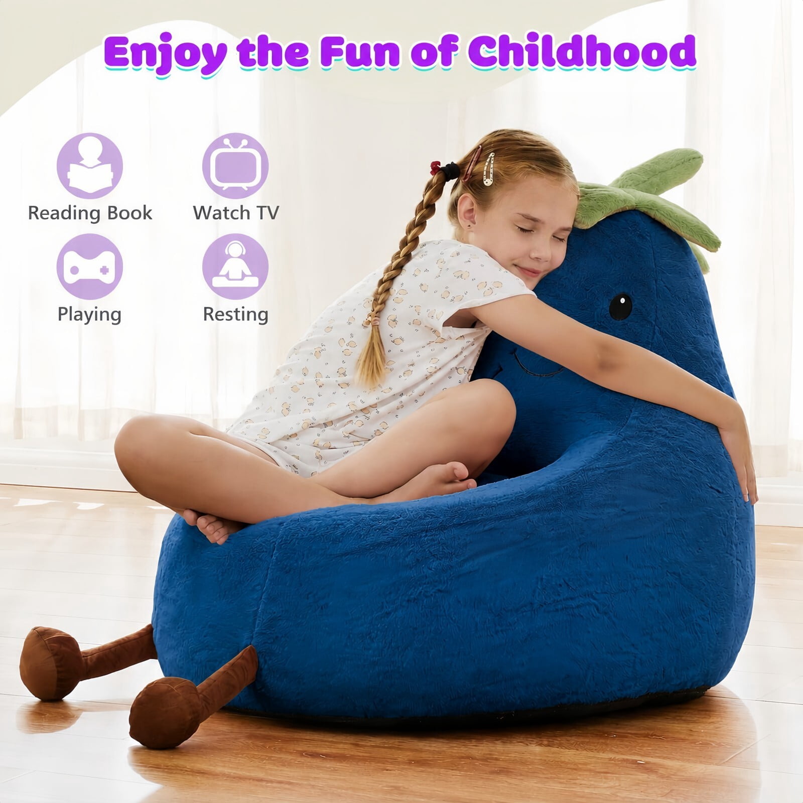 Kelno 31" Kids Bean Bag Chair Faux Rabbit Fur Lazy Chair Toddler Couch, Dark Blue