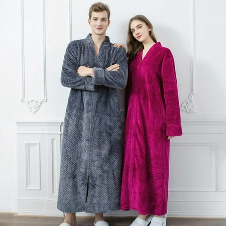 

Clearance!Long Zipper Bathrobe Flannel Fleery Ladies Robe Men s Warm Pajamas Bathrobe