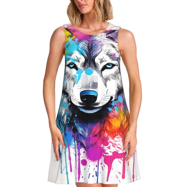Disketp Cool Colorful Wolf para Vestido sin Mangas para Mujeres, Vestidos de Verano para Mujeres, Casual y Holgado para la Playa
