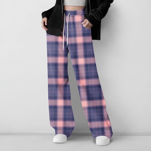 Cowsor Girls Casual Pants Plaid Stretch Comfy Lounge Pants Drawstring Waist with Pockets