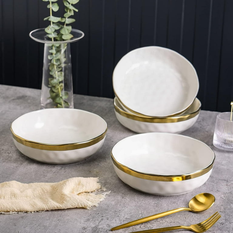 Florian 4-Piece Round Pasta Bowl Set, White with Gold Rim