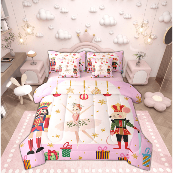 Manfei Christmas Nutcracker Twin Bedding Sets 7-Piece for Kid, Dreamy Princess Fairy Bedding Comforter Set, Xmas Tree Gift Reversible Sheet Sets, Breathable Home Decor