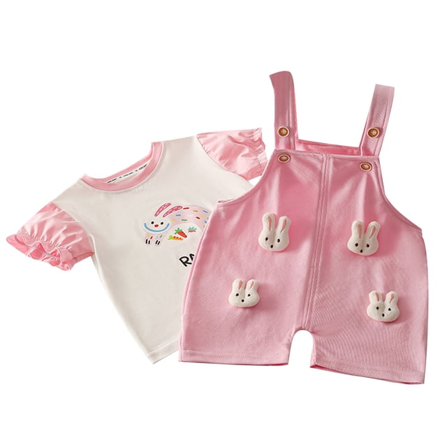 Odeerbi 0-5 Años Niñas Conjuntos Conejo Peto Pantalón Corto Con Camiseta de Manga Corta de Algodón Conjunto Verano Strap Romper Jumpsuit Playsuit