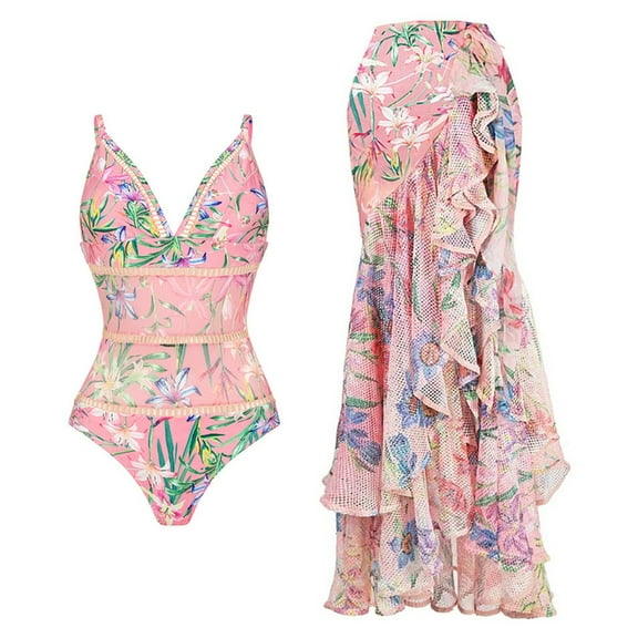 ZPAQI Women 1 Pieces Swimsuit with Cover Up Wrap Skirt Trend Flower Print Swimwear