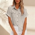 thumbnail image 2 of Cotton Linen Button Down Shirts for Women Collared Short Sleeve Work Blouse Trendy Loose Fit Summer Tops with Pocket (Khaki, XXL), 2 of 5