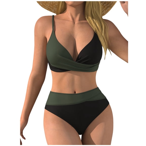 BSDJILFG Womens Petite Bikini Sets 2 Piece Swim Suits Twist Front Color Blocked Adjustable Straps Bodycon Spring Suits