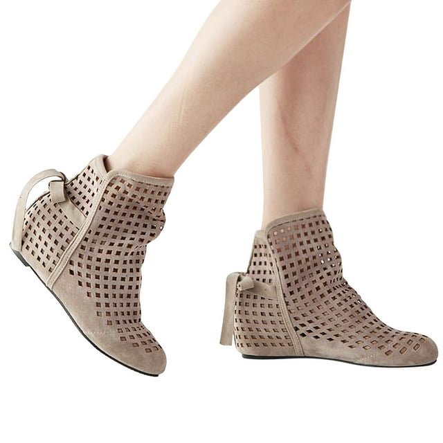 Bottes d'Automne Creuses Nœud Bas Talon Rond Bottes Courtes pour Femmes Chaussures Décontractées Automne en Liquidation