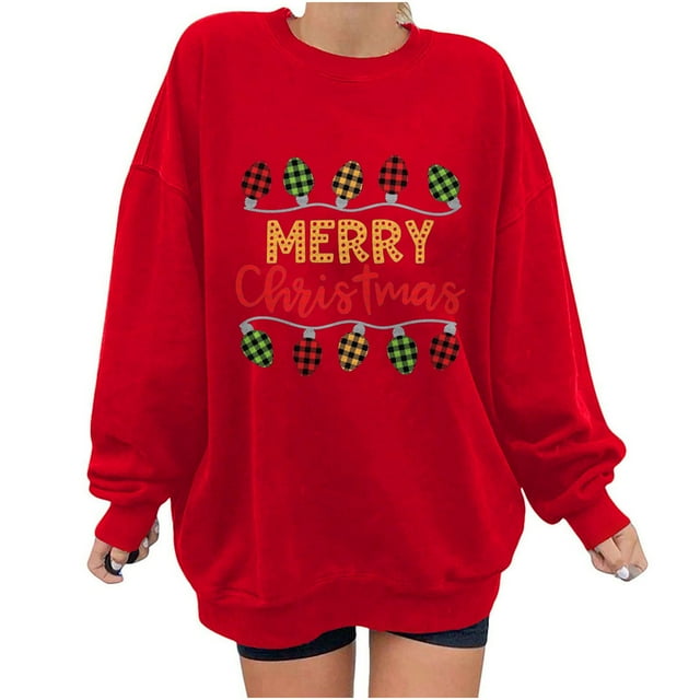 Ugly Christmas Sweater for Women Plaid Tree Print Pullovers Ladies Comfy Soft Light Weight Sweaters