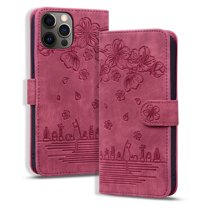 Allytech For iPhone 14 Plus PU Leather Wallet Case,Luxury Cute Comic Sakura Cat Embossed Pattern Magnetic Closure Flip Card Slots Stand Shockproof Cover with Wrist Strap.For iPhone 14 Plus,Red