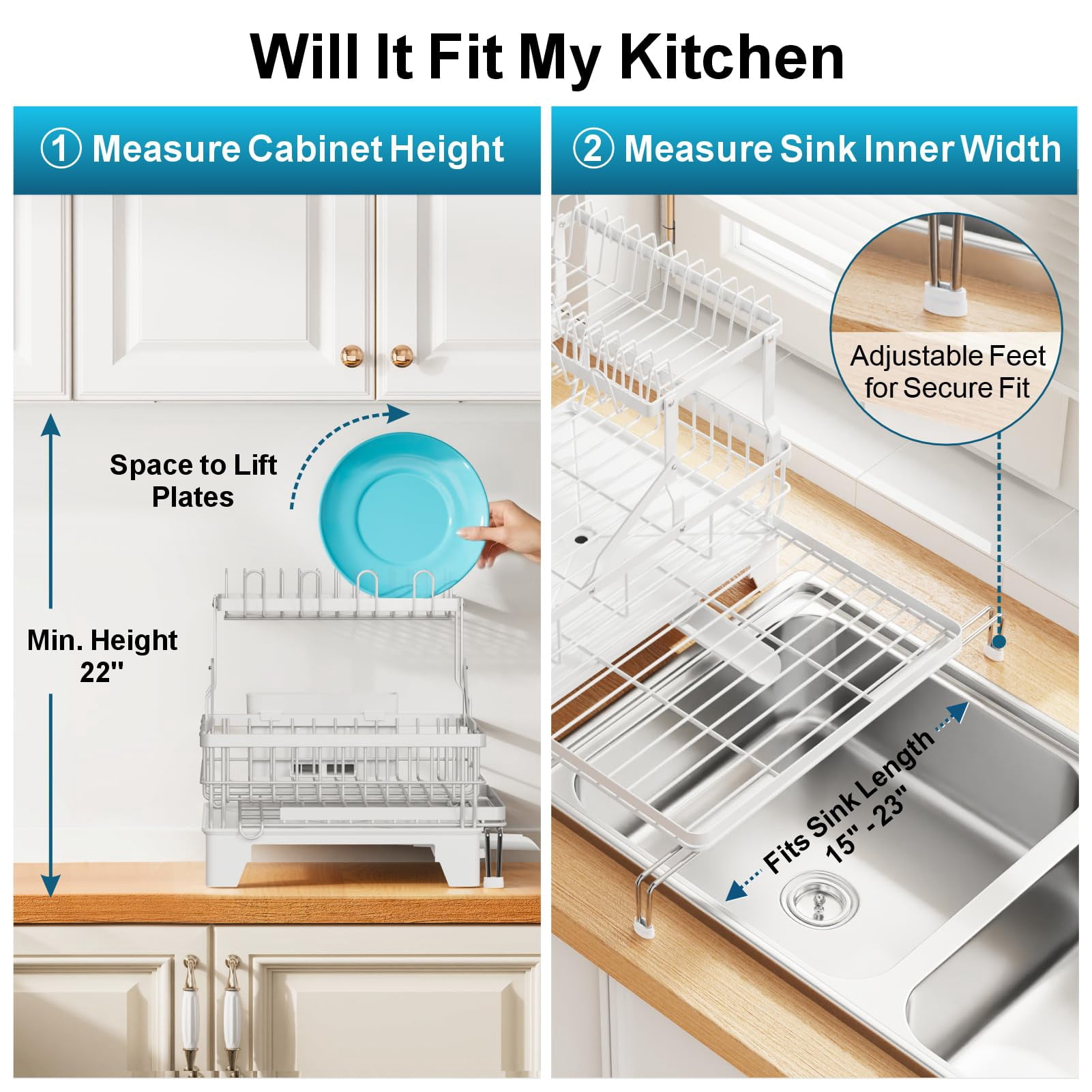 Large 2 Tier Dish Drying Rack  Expandable Heavy-duty For Kitchen Counter Rust-resistant Drainer With Utensil & Cup Holder Auto-drain 16.9" W X 14.4"-22.4" L White
