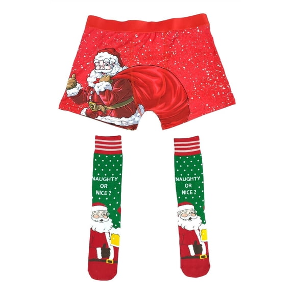 Mens Santa Claus Christmas Boxer Brief Underwear and Sock Xmas Combo