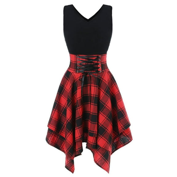 HONHUZH Women Summer Dresses 2022, Casual Dresses Irregular Hem Plaid Stitching Dress Tummy Control