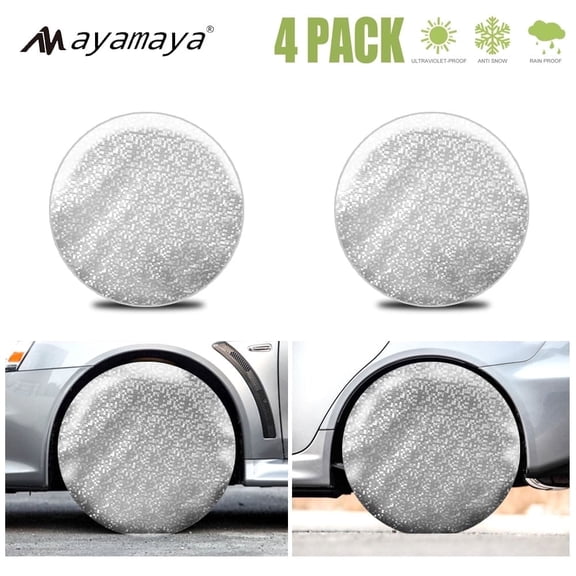 Waterproof Tire Cover AYAMAYA RV Tire Covers Set of 4 Wheel Covers for Trailers Truck SUV RV with Band Hook, Aluminum Fit 26" to 28" Silver White