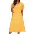 thumbnail image 3 of CHGBMOK Womens Solid Maxi Linen Dress V-neck Casual Short Sleeve A-Line Dress Drawstring Waist Flowly Beach Vacation Casual Dress, 3 of 9