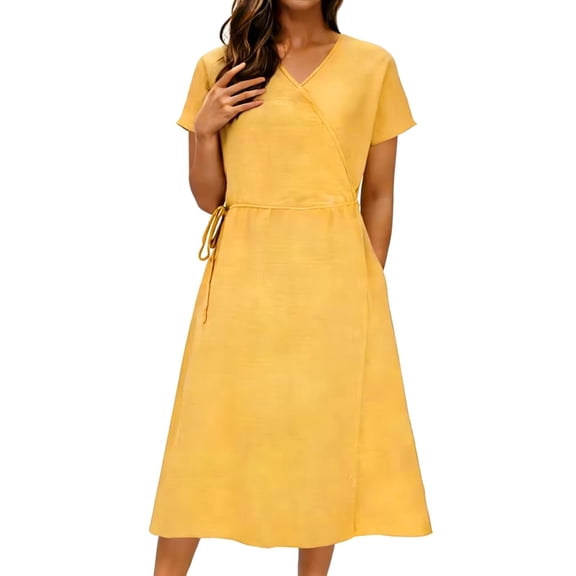 asdoklhq Summer Dresses Plus Size Dresses Women's Fashion Solid Color Loose Short-Sleeve Dress V-Neck Drawstring Waist Linen Dress Yellow 2X