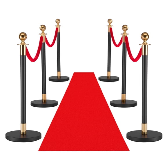 KFFKFF Stanchion Post Set, 6-Piece Crowd Control Barrier with Red Carpet, 4 Red Velvet Ropes, Stainless Steel Gold Posts with Hollow Base for Events, Parties, Weddings, and Exhibitions (Black)
