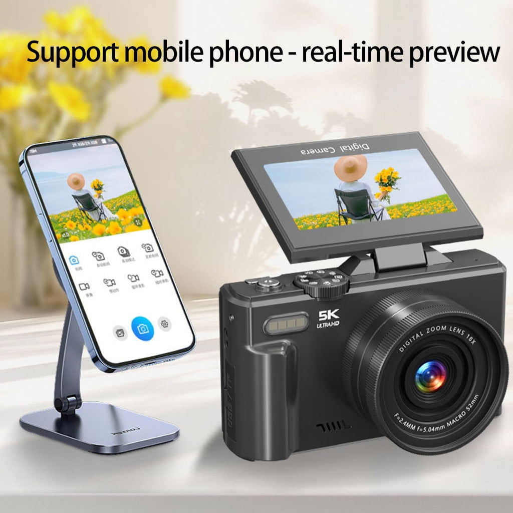 Vlog Digital Camera With Flip Screen 5K 75MP Photos 18X Zooming Auto Focusing