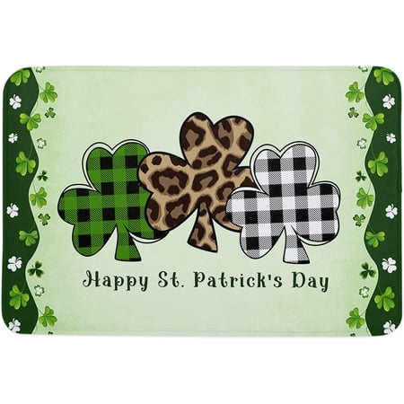 

Happy St. Patrick s Day Memory Foam Soft Door Mat Indoor Doormatches Absorbent Floor Mat Anti-Skid Welcome Mat for Front Door High Traffic Areas Leopard Plaid Lucky Clover 20x32 Inch