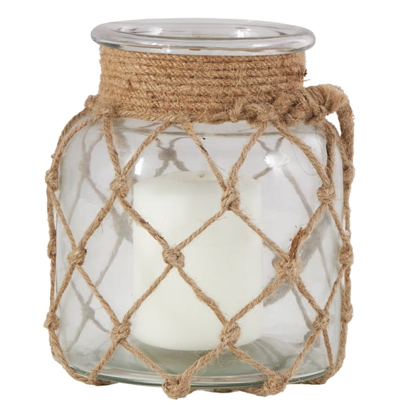 DecMode Brown Glass Handmade Decorative Candle Lantern with Hanging Rope