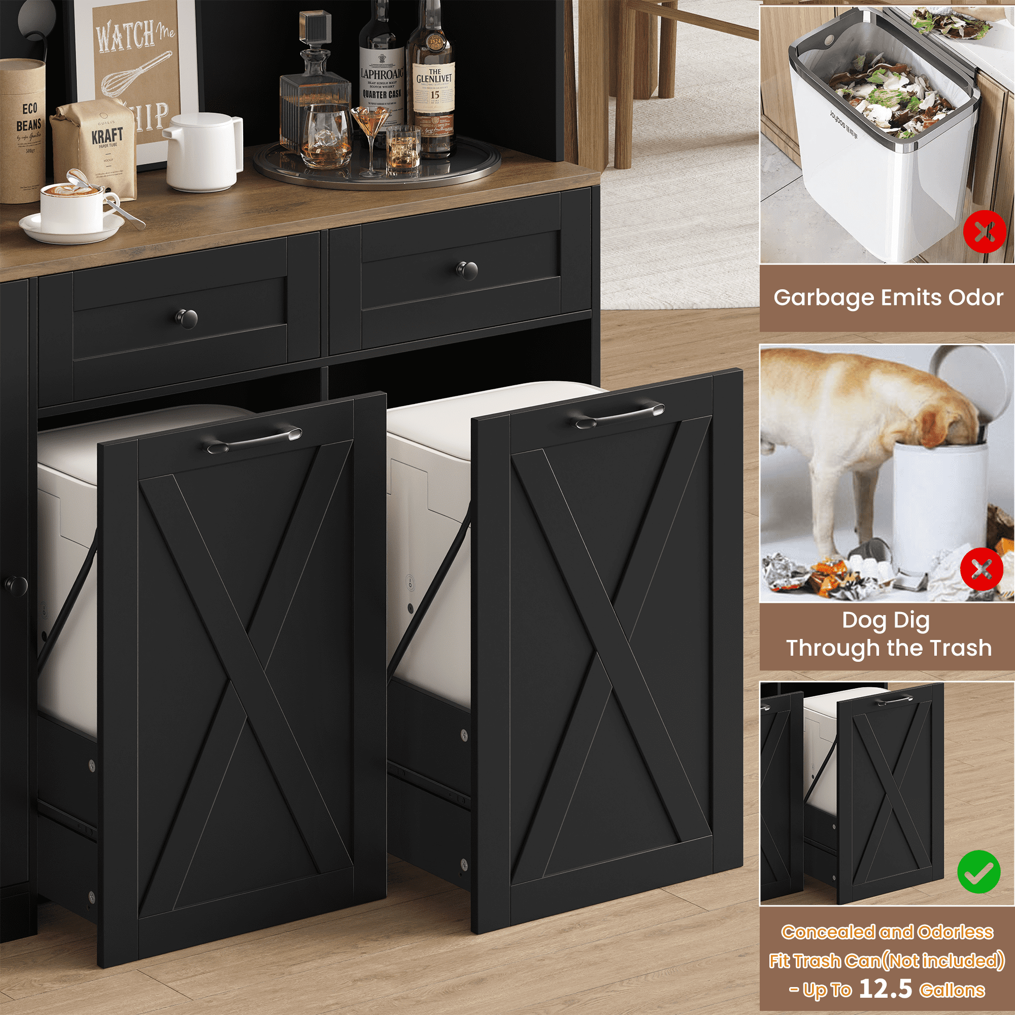 Homfa Kitchen Pantry Cabinet, Trash Can Cabinets Fits 12.5 Gallon Can, 5 Door 2 Drawer Kitchen Storage Cabinet with Hutch, Freestanding Cupboard, Black
