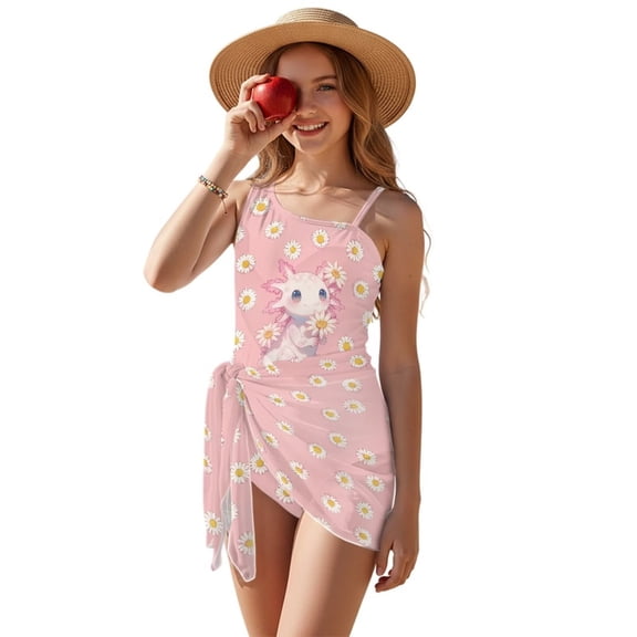 Xixirimido Axolotl Daisy Pink Print Girls One Piece Swimsuits Cutout Bathing Suit with Cover Up Skirt Quick Dry Beach Swimwear with Adjustable Strap, Size 7-8 Years