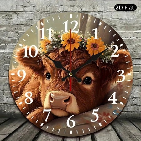 1pc 9.84X9.84 Inch Country Farmhouse Silent Non‑Ticking Wall Clock, Highland Cow & Sunflower Wooden Decor Clock, Decor for Living Room, Bedroom, Kitchen and Garden, Nice Country‑Style Gift, AA