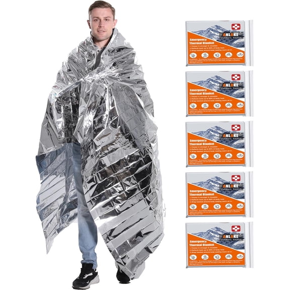 Emergency Blankets Mylar Thermal Blanket-(5 Pack) of Gigantic Space Blanket 82 * 64 in. Survival Blankets Heavy Duty Camping Gear,First Aid…