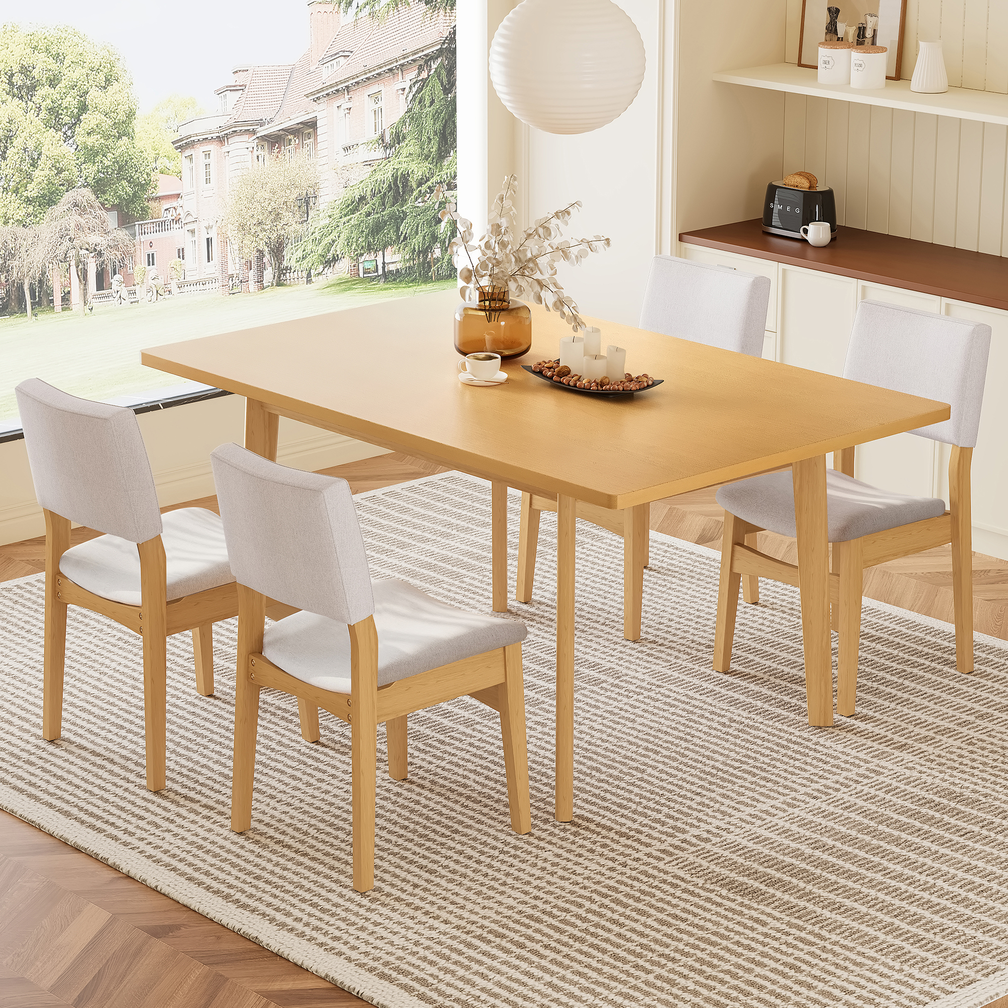 Euroco 5-Piece Mid Century Modern Dining Set for 4, Dining Room Table with 4 Upholstered Chairs and Solid Wood Frame for Kitchen/Dining Room,Natural