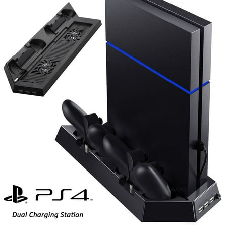 Vertical Stand with Cooling Fan for Sony PS4,2 Controllers Charging Dock 2 Fan Cooling Station with Dual Charger Ports and USB HUB, for PlayStation 4 Console Dualshock