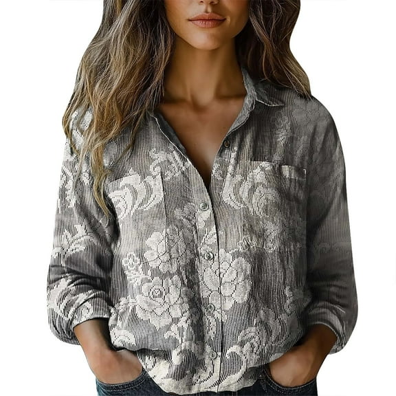 Mashaouyo Womens Shirts Button Down Shirts Fashion Printed Long Sleeve V Neck Blouse Dressy Casual Tops