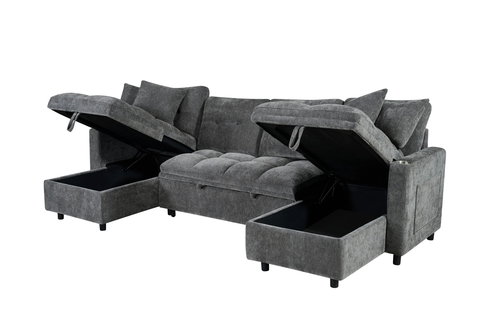 DEALTOPS 108" Chenille U-Shaped Sectional Pull Out Sleeper Sofa Bed with Storage Chaise, USB & Tray Table, Gray