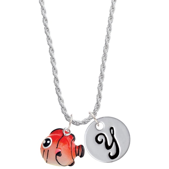Delight Jewelry Resin Orange Fish Silvertone Script Initial Disc - Y - Charm Necklace, 20"+3"