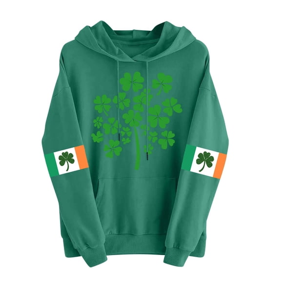 St Patricks Day Sweatshirt Women Heart Shamrock Shirt Irish Green Hoodies Long Sleeve Drop Shoulder Tops Cute Pullover with Pocket