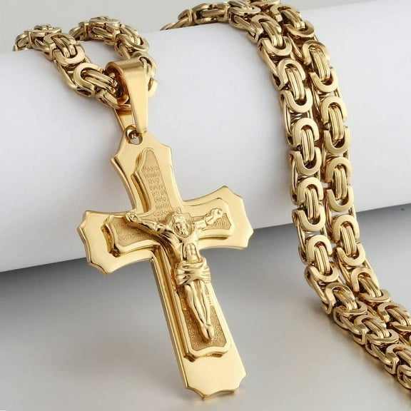 Lovelords Religious Men Crucifix 14K Yellow Gold Cross Pendant Necklace Heavy Byzantine Chain Necklaces Jesus Christ Holy Jewelry Gifts