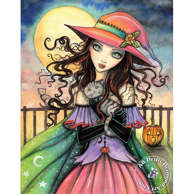 Bruja de Halloween 5D DIY AB taladros pintura de diamantes chica de dibujos animados fantasía calabaza punto de cruz bordado imagen mosaico decoración del hogar